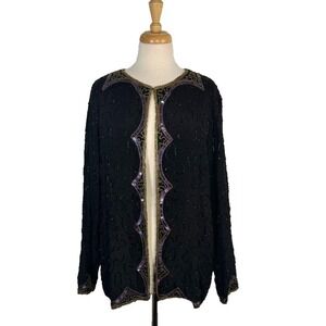 Stenay Beaded Blouse VTG Open Front Size XL Black 100% Silk